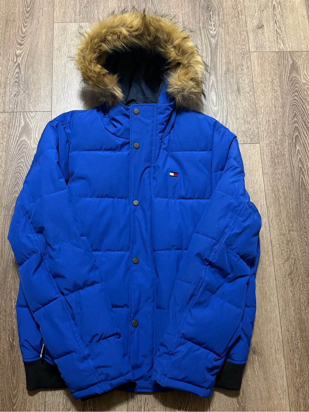 Tommy Hilfiger Bright Blue Hooded Puffer Jacket with Faux Fur Trim